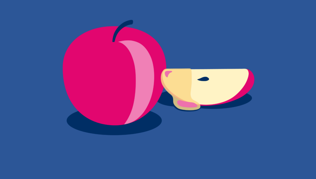 A graphic showing an apple, next to an apple slice with honey. The apple is red and the background is blue.