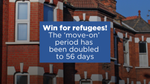 The background is a picture of a terraced house. Imposed is a blue box, with white text reading: "Win for refugees! The 'move-on' period has been doubled to 56 days"